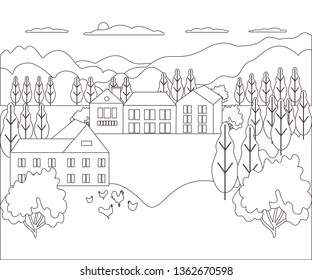 Thin line outline landscape rural farm. Panorama outdoor design village modern with mountain, hill, tree, sky, cloud and sun. Line art style abstract background, linear vector illustration, coloring