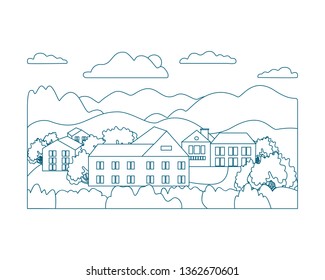 Thin line outline landscape rural farm. Symbol design village outdoor modern with mountain, hill, tree, sky, cloud and sun. Line art stile abstract backround, linear vector illustration