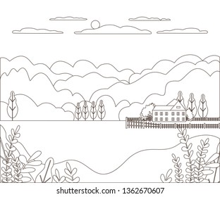 Thin line outline landscape rural farm. Panorama outdoor design village modern with mountain, hill, tree, sky, cloud and sun. Line art style abstract background, linear vector illustration, coloring