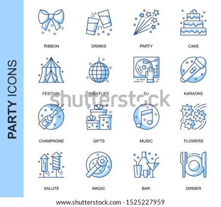 Thin Line Party Related Vector Icons Set for Website and Mobile Site and Apps. Outline icons design. Contains such Icons as Festival, Karaoke, Music and more. Linear Pictogram Pack.
