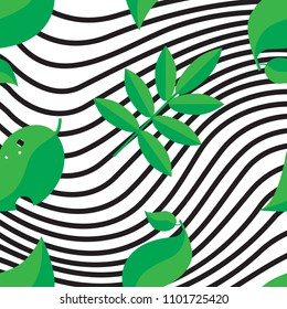 Thin line pattern with irregular halftone waves and summer leaves. Simple leaf icon abstract geometric texture. Lined vector background