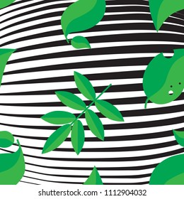 Thin line pattern with irregular halftone waves and summer leaves. Simple leaf icon abstract geometric texture. Lined vector background