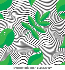 Thin line pattern with irregular halftone waves and summer leaves. Simple leaf icon abstract geometric texture. Lined vector background