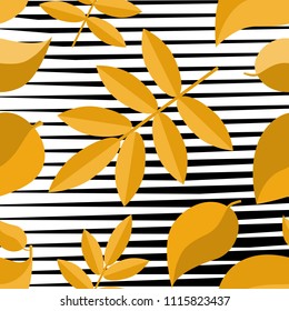 Thin line pattern with irregular halftone waves and autumn leaves. Simple leaf icon abstract geometric texture. Lined vector background
