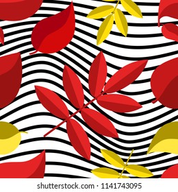 Thin line pattern with irregular halftone waves and autumn leaves. Simple leaf icon abstract geometric texture. Lined vector background