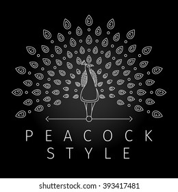 Thin line peacock logo. Outline peacock label with luxurious peacock tail feathers in modern line style. Vector illustration