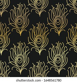 Thin line peacock tail pattern. Art deco repeat golden feathers pattern. Seamless gold vintage vector background. Luxury decorative ornamental wallpaper.