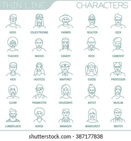 Thin line people  characters and professions vector interface icon set