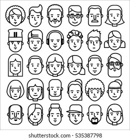 Thin line people icons set. Man and woman characters. Suitable for use in applications, infographics, web, social networks.