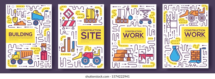 Thin line People at road works brochure cards set.  Heavy vehicles making the road maintenance  template of flyer, magazines, poster, book cover, banners. Outline line  invitation concept