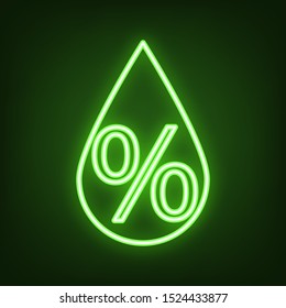 Thin line percent down sign. Green neon icon in the dark. Blurred lightening. Illustration.