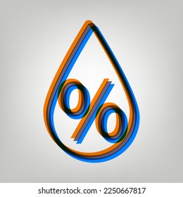 Thin line percent down sign. Stroked Icon in orange, azure and old lavender Colors at gray Background. Illustration.