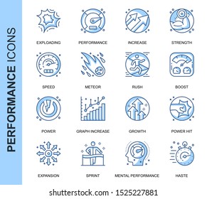 Thin Line Performance Related Vector Icons Set for Website and Mobile Site and Apps. Outline icons design. Contains such Icons as Expansion, Power, Haste, Growth and more. Linear Pictogram Pack.