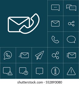 thin line phone envelope icon on blue background, communication set