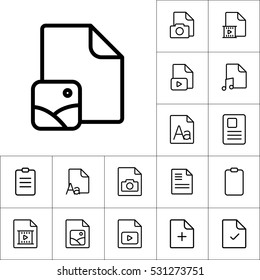 thin line photo file, gallery icon on white background, document icons set