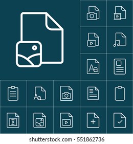 thin line photo file, gallery icon on blue background, document icons set