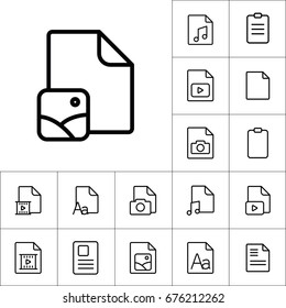 thin line photo file, gallery icon, different type file icons set on white background