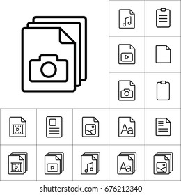 thin line photo file, gallery icon, different type file icons set on white background