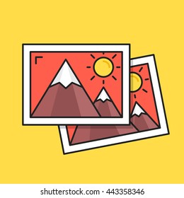 Thin line photos icon. Two pictures with mountains and sun. Modern clean flat design graphic elements for banners, websites, mobile app, infographics, printed materials. Vector illustration