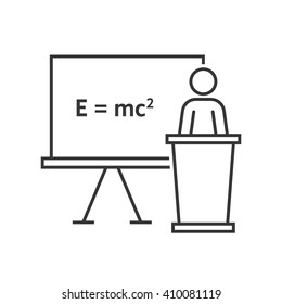 thin line physics teacher. concept of emc, emc2, theorem, podium desk, rule, pedagogy, qed, math, stick figure, physicist. flat style trend modern logo design vector illustration on white background