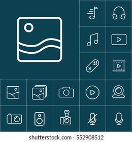 thin line picture, photo gallery icon on blue background, multimedia icons set