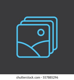 thin line picture, photo gallery blue icon on dark background
