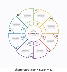 Thin line pie chart infographic template with 8 options. Vector illustration.