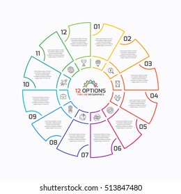 Thin line pie chart infographic template with 12 options. Vector illustration.