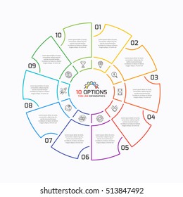 Thin line pie chart infographic template with 10 options. Vector illustration.