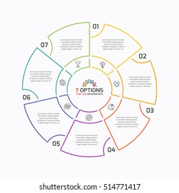 Thin line pie chart infographic template with 7 options. Vector illustration. 