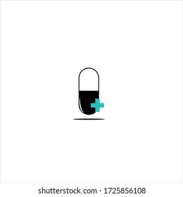 Píldora fina en el fondo blanco. Icono de medicina blanco y negro con signo azul más. 