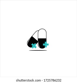 Thin line pills on white background. Two Medicine icon black and white with blue plus sign. 