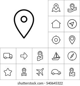 thin line pin point, location icon on white background, navigation set