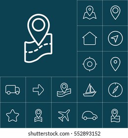 thin line pin point, location icon on blue background, navigation set
