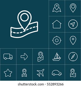 thin line pin point, location icon on blue background, navigation set