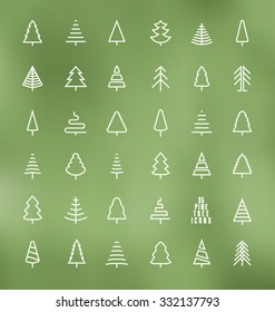 Thin Line Pine Tree Icon Set - A collection of 35 christmas tree line icon designs on dark green background