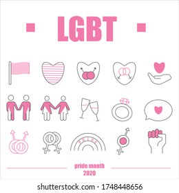 Thin line pink LGBT collection on white background. Pride month icons. Men, women, couple hand in hand, rainbow flag, heart, gay, lesbian vectors. Love is legal. Love is love. Editable stroke. Eps10. 