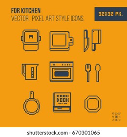 thin line pixel art style kitchen tools icons set, part one vector illustration.