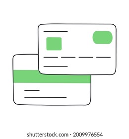 Thin line plastic credit card sketch with a look from two sides. Contactless and cashless payment, e-commerce icon, electronic money, and future banking concept.