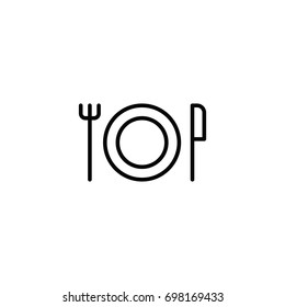 thin line plate, knife and fork, dinner icon on white background