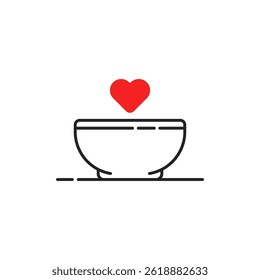 placa de linha fina com coração vermelho como o amor de comida. tendência de contorno simples moderno abstrato udon cafeteria logotipo design gráfico isolado no branco. conceito de adorável pictograma de alimentos ou negócio