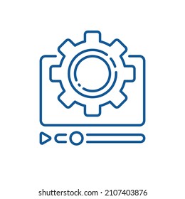 reproductor de línea delgada con configuración de vídeo tipo cog. diseño infográfico de trazo gráfico de tendencia lineal plana con lootipo aislado en blanco. concepto de blog viral abstracto o pictograma de marketing de noticias