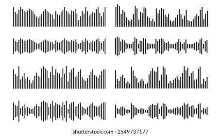 Ondas de sonido de podcast de línea delgada y onda de sonido de audio de mensajes de voz graba la colección aislada sobre fondo blanco. Líneas redondas y cuadradas.