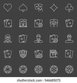 Thin line poker icons. Vector playing cards, casino chips, poker players and dealer outline symbols on dark background