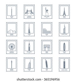 thin line postage stamps vector set. different famous landmarks 