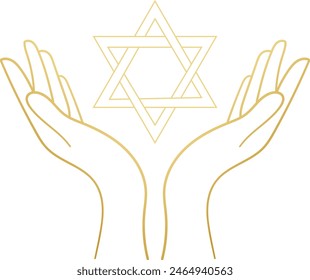 Thin line prayer hands or applause with David star. Jewish theme artwork. Use on any background