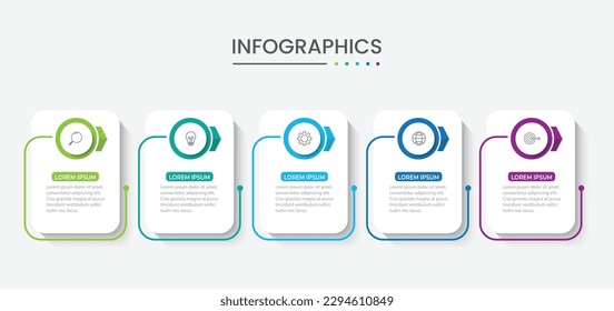Thin line process business infographic with square template. Vector illustration. Process timeline with 5 options, steps or sections.