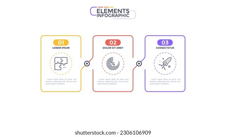 Thin line process business infographic with square template. Vector illustration. Process timeline with 3 options, steps or sections. . Vector illustration for company presentation