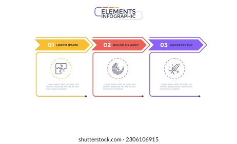 Thin line process business infographic with 3 square template and arrows. Vector illustration. Process timeline with three options, steps or sections.