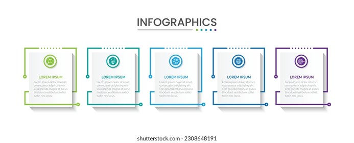 Thin line process business infographic with square template. Vector illustration. Process timeline with 5 options, steps or sections.
